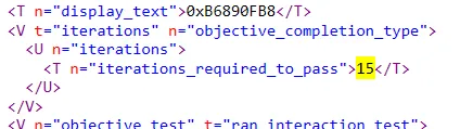 The section of the XML showing iterations_required_to_pass with the number 15 highlighted.