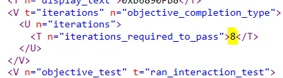 The section of the XML showing iterations_required_to_pass with the number 8 highlighted.