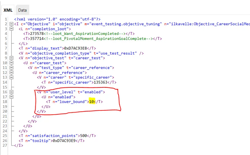 The XML of ilkavelle:CareerSocialMedia_10lvl, with the user_level part of the career_test shown in red and the number 10 highlighted in yellow.