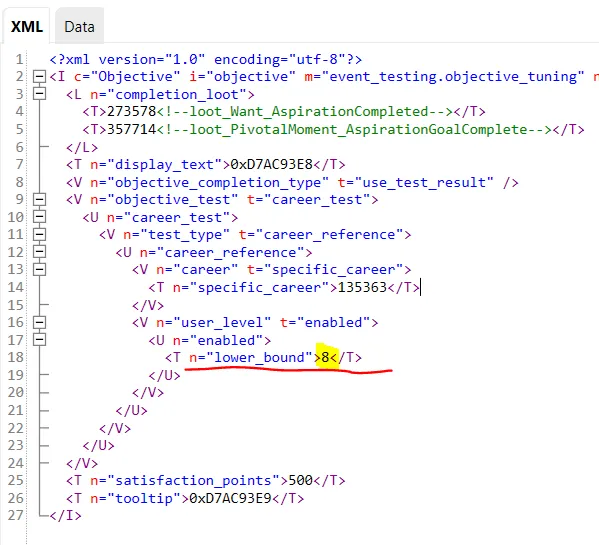 The XML of ilkavelle:CareerSocialMedia_10lvl, with the user_level's lower_bound changed to 8, which is highlighted in yellow.