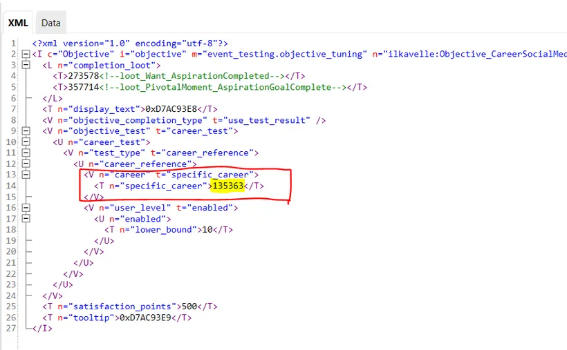 The XML of ilkavelle:CareerSocialMedia_10lvl, with the career shown in red and the number representing the specific_career highlighted in yellow.