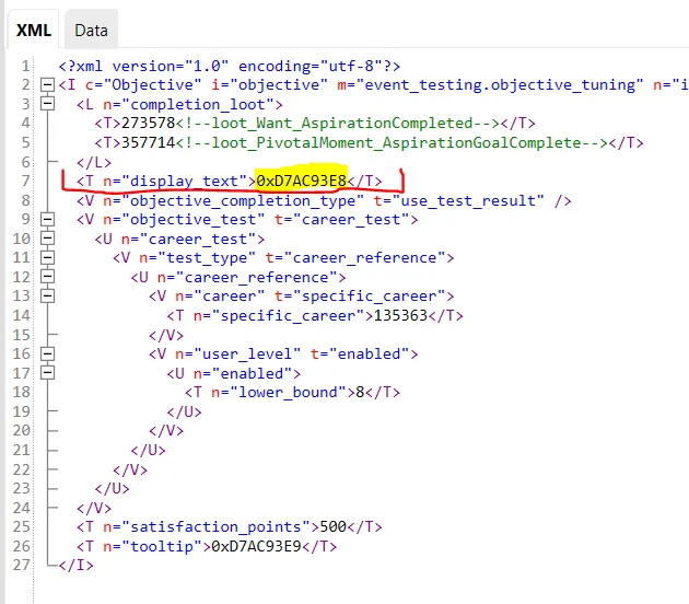 The XML of ilkavelle:CareerSocialMedia_10lvl, with the display_name_text highlighted.