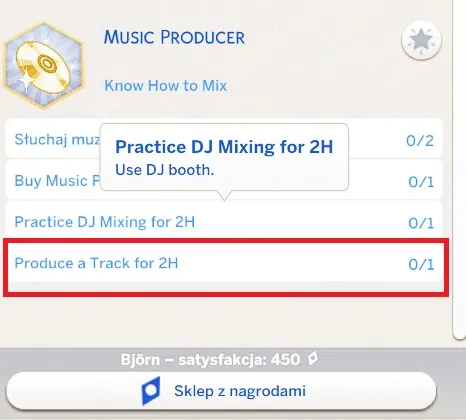 The Music Producer aspiration shown in game, with the goal Produce a Track for 2H showing 0/1, which is outlined in red.
