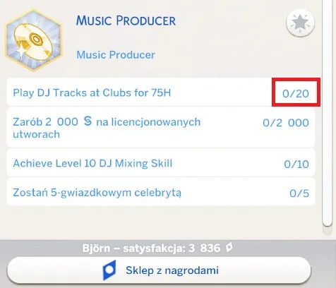 The Music Producer aspiration shown in game, with the goal Play DJ Tracks in Clubs for 75H showing 0/20, which is outlined in red.