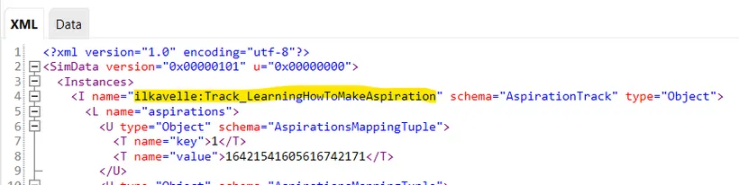 The SimData, with the name highlighted