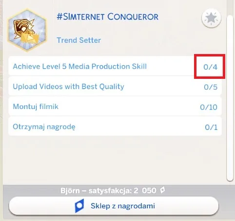 The #Simternet Conqueror aspiration shown in game, with the goal Achieve Level 5 Media Production Skill showing 0/4, which is outlined in red.