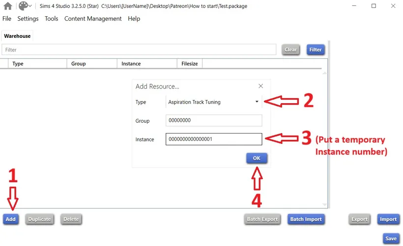 Adding new tuning using the Add button, with the steps numbered