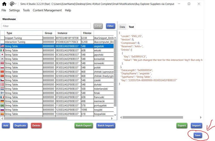 The mod open in Sims 4 Studio, with the English string table open to the text tab and the save button circled in red with an arrow pointing to it.
