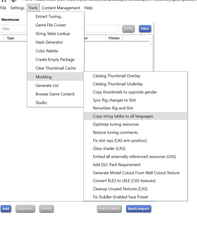 The path to 'Copy string table to all languages' in Sims 4 Studio.