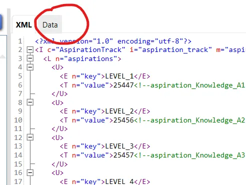 The top right of the right side of a package file, with the Data tab circled in red