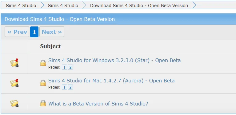 The page on the Sims 4 Studio forums where you choose which version of Sims 4 Studio to download.