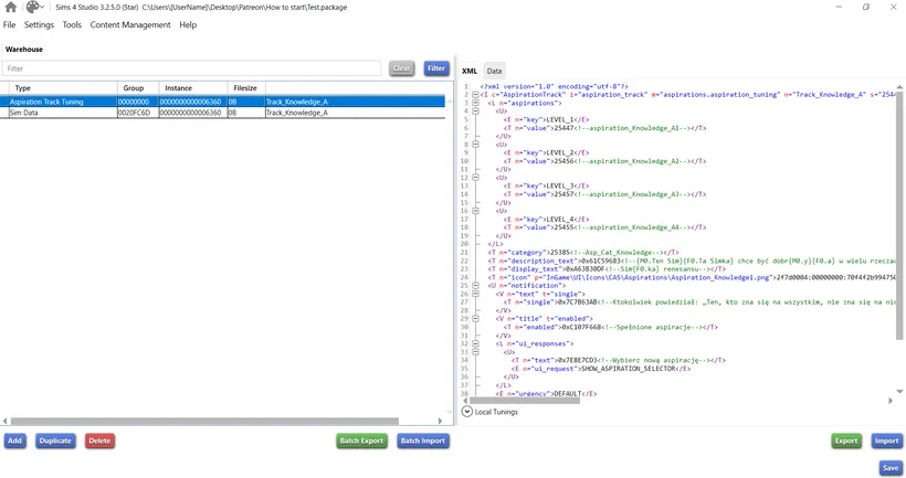 A package with one Aspiration Track Tuning and its SimData open in Sims 4 Studio