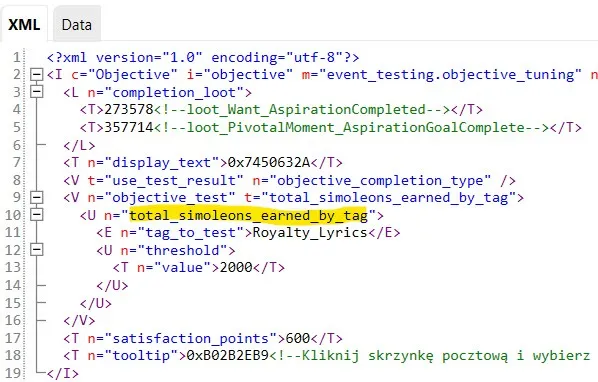 An earned money test shown in an objective, with total_simoleons_earned_by_tag highlighted