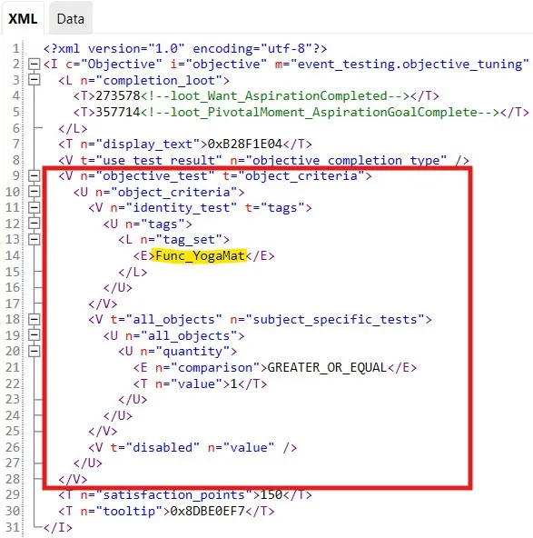 An object objective test shown in an objective, with the object's tag highlighted