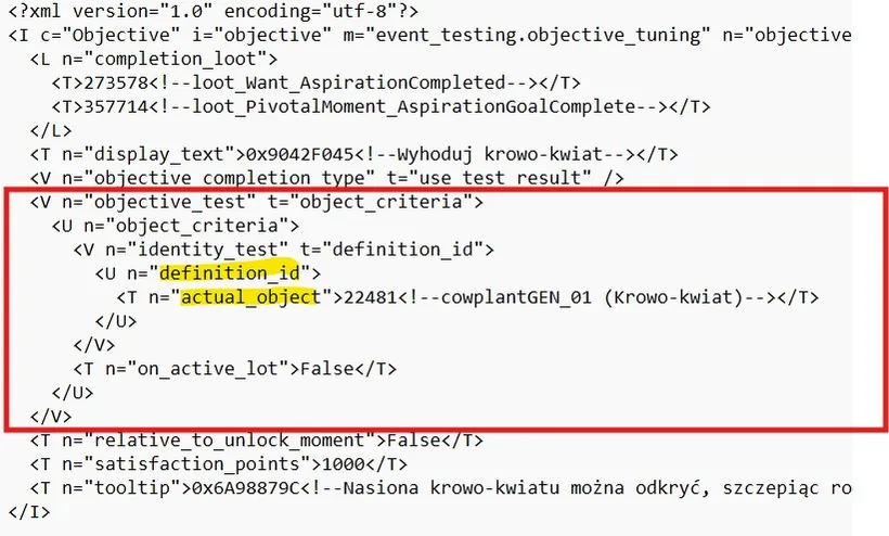 An object objective test shown in an objective, with the actual_object in the definition_id highlighted