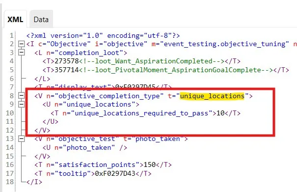 A photo taken test shown in an objective, with a unique_locations test highlighted