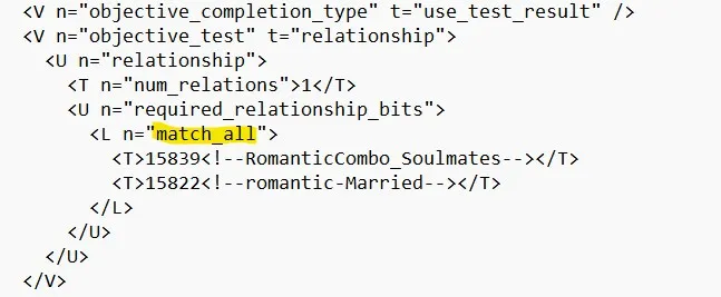 A relationship objective shown in an objective, with a list of two required relationship bits