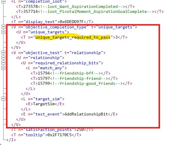 A relationship objective shown in an objective, with a list of possible relationship bits, requiring 3 unique targets