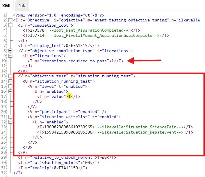A situation objective shown in an objective, with a list of possible situations, requiring 1 iteration at level one of the situation