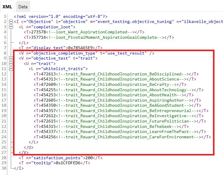 A trait objective shown in an objective, with a list of possible traits