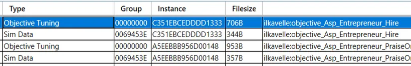 A fragment of the list of files in the My Own Business file, with Objective Tuning highlighted.