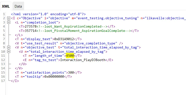 The XML of ilkavelle:objective_Asp_MusicProducer_DJMixingHours, with 4500 highlighted in yellow.