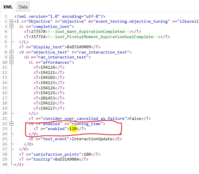 The XML of ilkavelle:objective_Asp_MusicProducer_ProduceFirstSong with the running time of 120 highlighted.