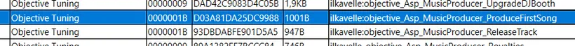 A small section of the files in Music Producer Aspiration, with ilkavelle:objective_Asp_MusicProducer_ProduceFirstSong highlighted.