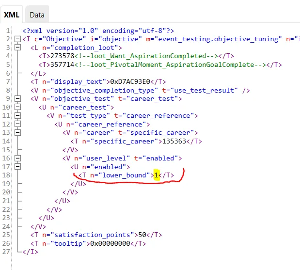 The XML of ilkavelle:objective_JoinSocialMediaCareer, showing that the user_level's lower_bound is 1.