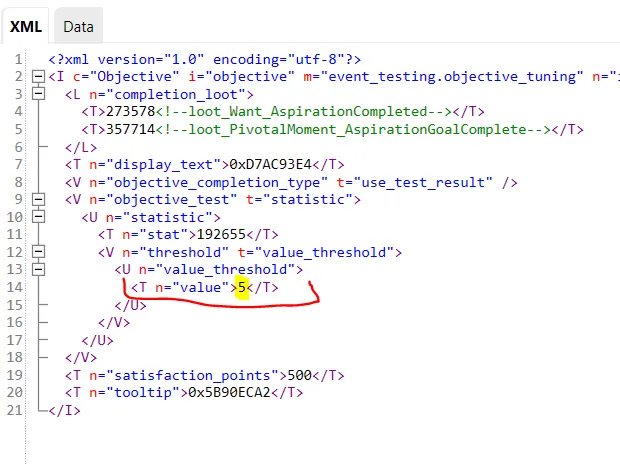 The XML of ilkavelle:objective_Skill_MediaProduction_Level05, with 5 highlighted.