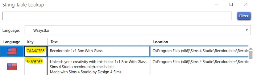 Two strings in String Table Lookup with their keys highlighted