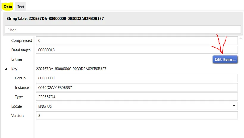 The data tab of a string table.
