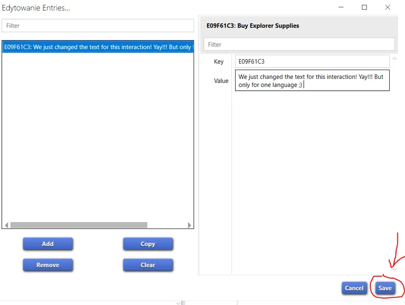 The data tab of a string table with the save button circled in red with an arrow pointing to it.