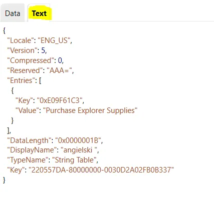 The text tab of he English string table, with one string.