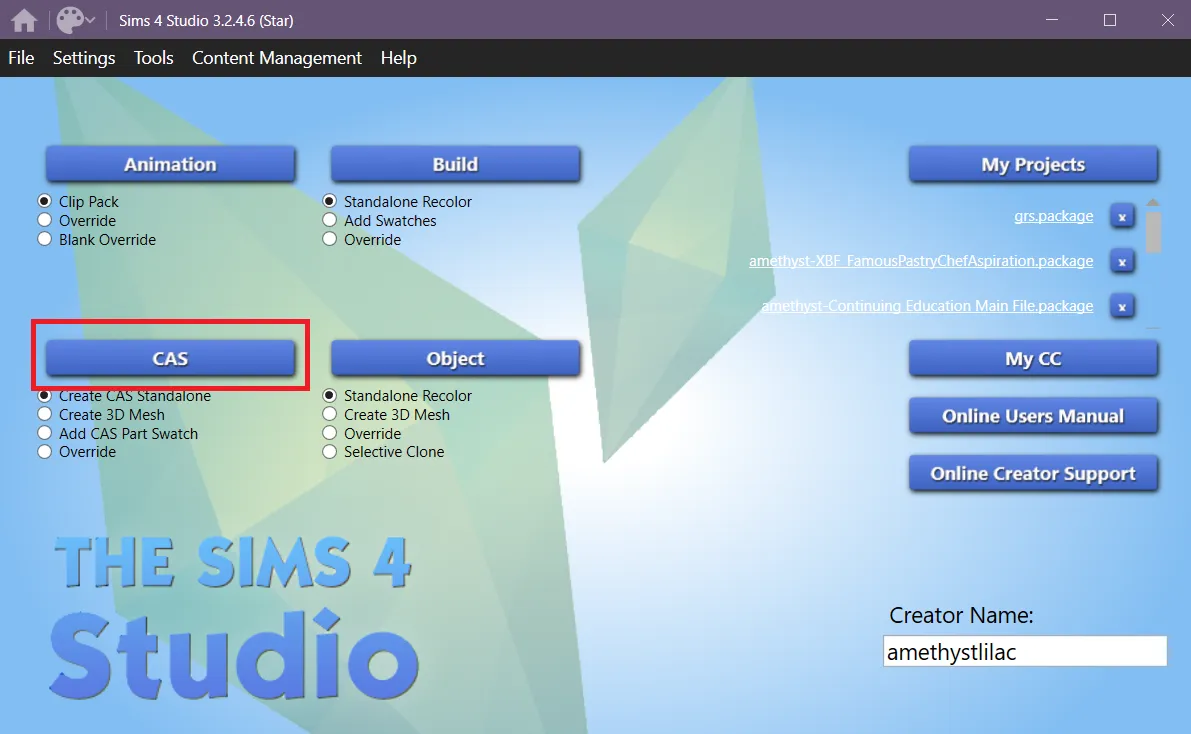 S4S open to the main menu, with the CAS button in a red box