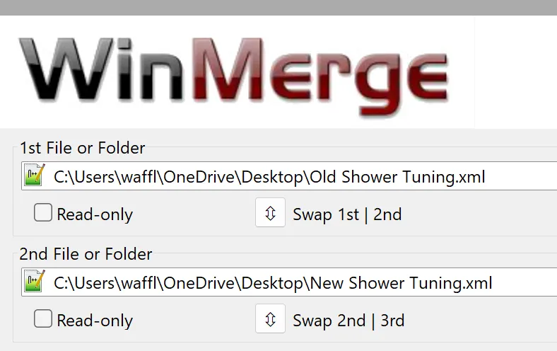 Winmerge "Open" screen asking for two files. The selected files are the downloaded example XMLs for Old Shower Tuning and New Shower Tuning.
