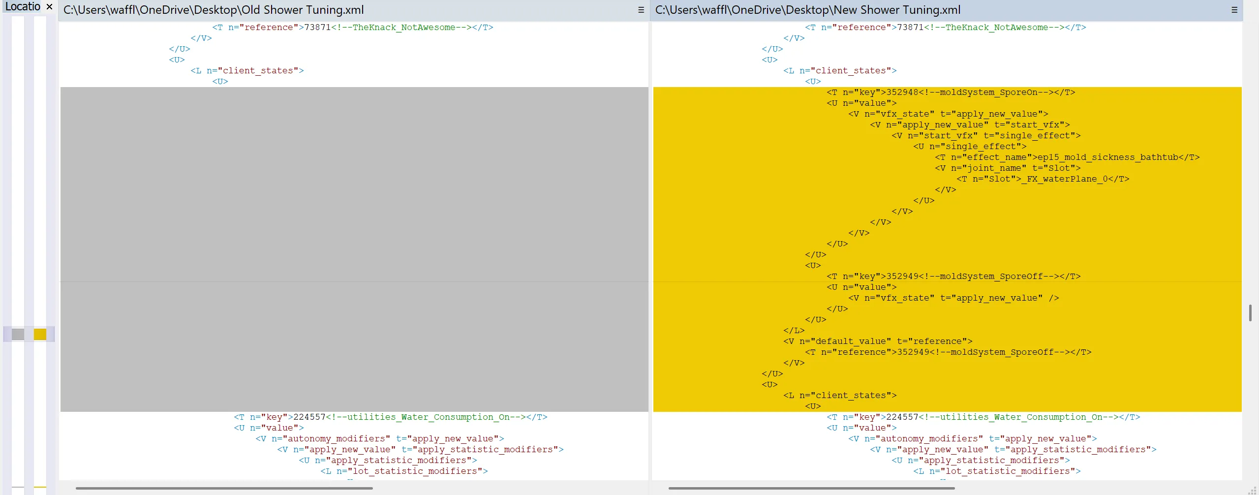 Winmerge with two files loaded, and the screen scrolled to the first set of differences between the files.