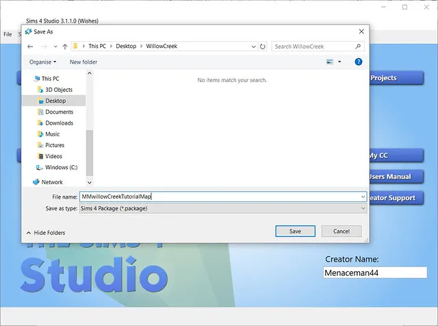 A Save As window, with the file name 'MMwillowCreekTutorialMap'
