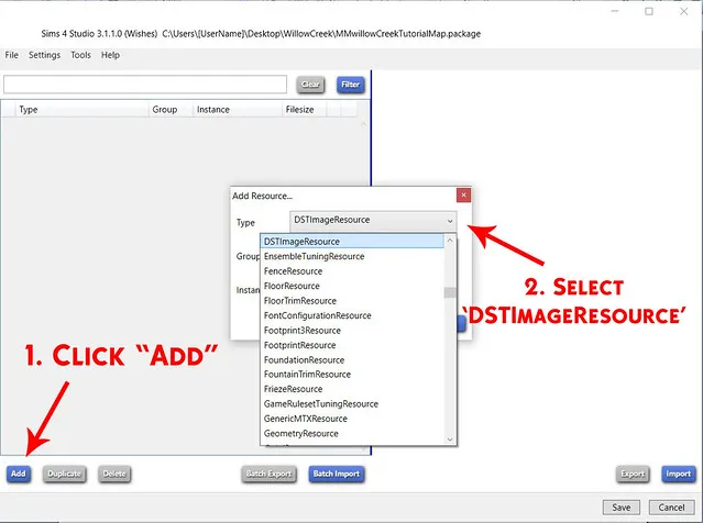 An empty package file open in Sims 4 Studio, with red text saying &#x27;1. Click "Add"&#x27; pointing to the Add button at the bottom left, and red text saying &#x27;2. Select &#x27;DSTImageResource&#x27;&#x27; at the right, pointing to the Add Resource window