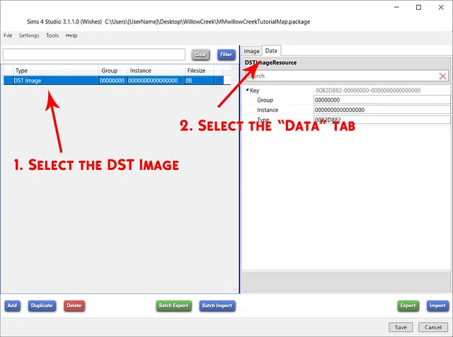 A package with one DST Image open in Sims 4 Studio. Red text saying '1. Select the DST image' points to the image file on the left. Red text saying '2. Select the "Data" tab' points to the Data tab on the right.