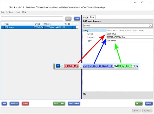 The package file open in Sims 4 Studo with the Data tab selected, and an image of the file name shown in front. The Group number is highlighted in red in the file name, with a red arrow pointing to the Group number in the Data tab. The instance is in blue, and the Type is in green.