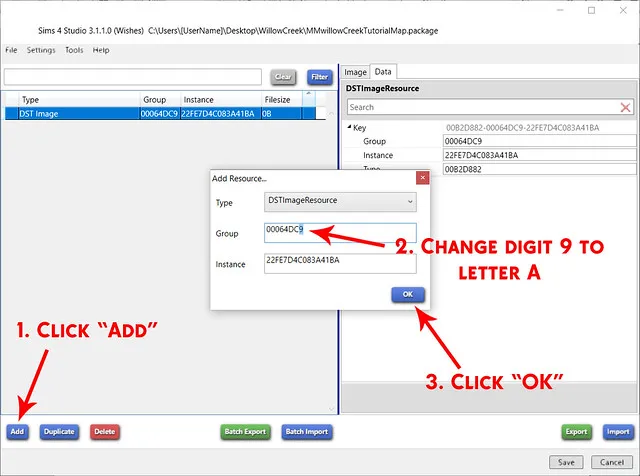 The package file open in Sims 4 Studo. Red text saying '1. Click "add' points to the Add button. Red text saying '2. Change digit 9 to letter A' points to the group number in the Add Resource window. Red text saying '3. Click "OK"' points to the OK button in the Add Resource window.