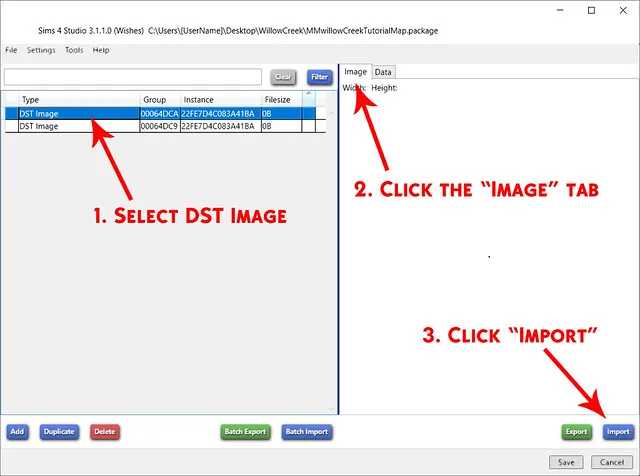 The package file open in Sims 4 Studo, now with two DST Images. Red text saying '1. Select DST image' points to the first DST image on the left. Red text saying '2. Click the "Image" tab' points to the Image tab on the right. Red text saying '3. Click "Import"' points to the Import button at the bottom right.