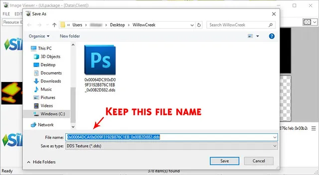 A save-as window, with the file name highlighted and red text saying 'Keep This File Name'