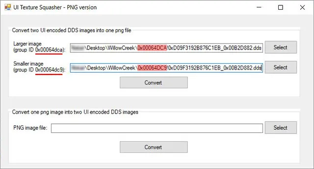 The conversion window in UI Texture Squasher, with two files selected to convert. The group IDs are underlined in red on the left and highlighted in the file names on the right.