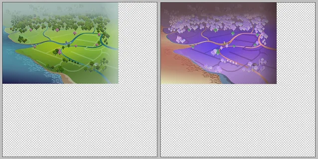 The original Willow Creek map on the left, the same map with the colours inverted so that it's mostly purple and blue instead of green on the right