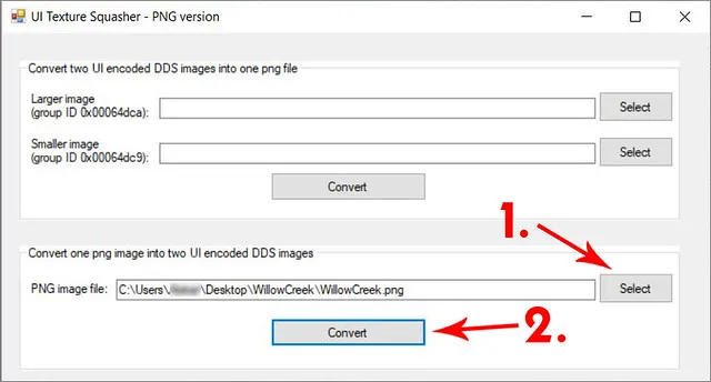 The conversion window in UI Texture Squasher, with one file selected at the bottom. The number 1 points to the Select button and the number 2 points to the Convert button.