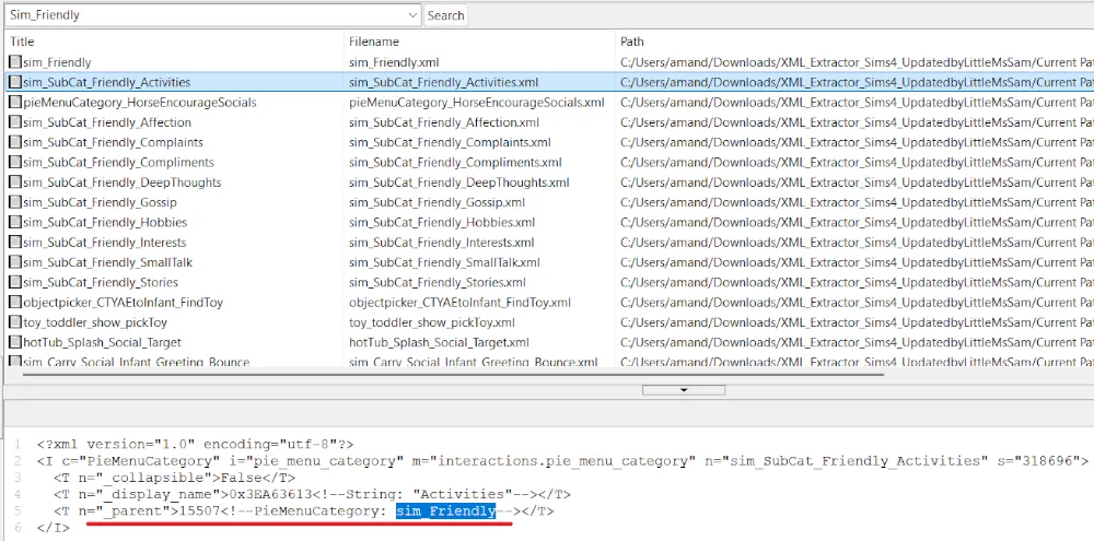 Search results for Sim_Friendly, listing the files that reference that file. Sim_SubCat_Friendly_Activities is selected, and in the file below, Sim_Friendly is highlighted and its reference as the parent Sim_SubCat_Friendly_Activities of is underlined in red
