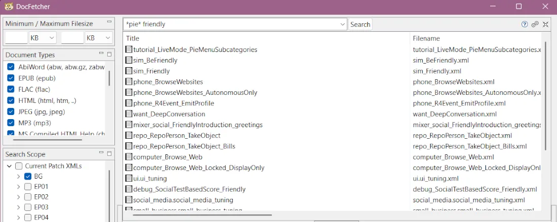 Doc Fetcher search results for *pie* friendly, with a long list of files