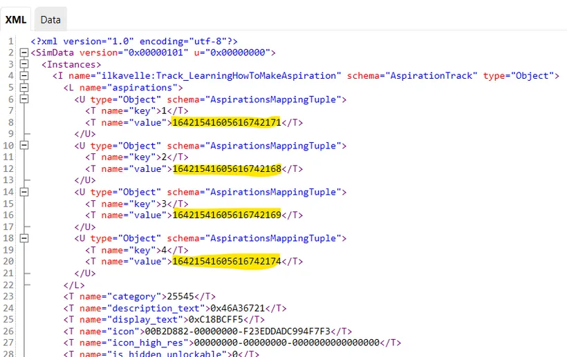 The SimData of the Aspiration Track Tuning, with the instances of the levels highlighted